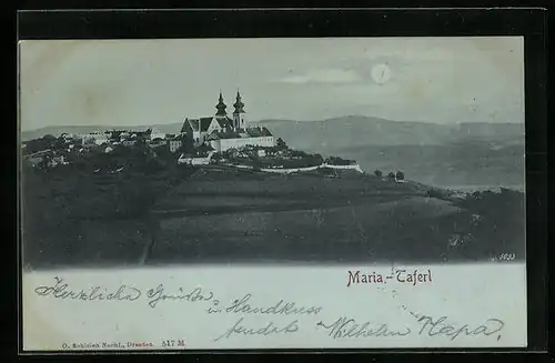 Mondschein-AK Maria-Taferl, Teilansicht mit Kirche und Fernblick