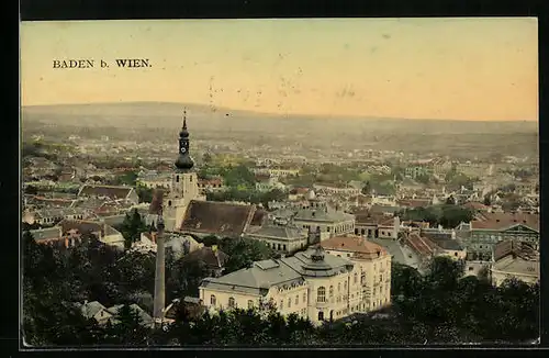 AK Baden bei Wien, Teilansicht aus der Vogelschau mit Fernblick