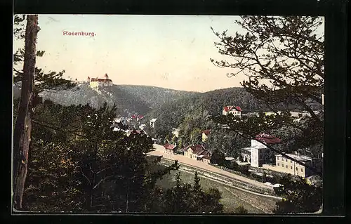 AK Rosenburg, Ortsansicht mit Burg vom Waldrand aus