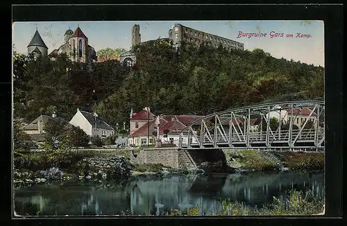 AK Gars am Kamp, Teilansicht mit Brücke und Burgruine