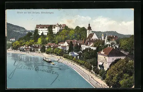 AK Grein /Donau, Ortsansicht aus der Vogelschau mit Donaupromenade