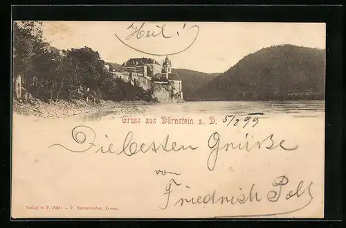 AK Dürnstein a. D., Flusspartie mit Burg