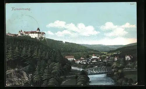 AK Rosenburg, Ortsansicht mit Flussbrücke und Burg