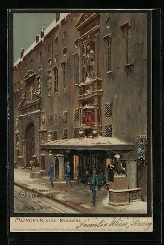 Künstler-AK Zeno Diemer: München, Residenz mit Strasse und Wachsoldaten