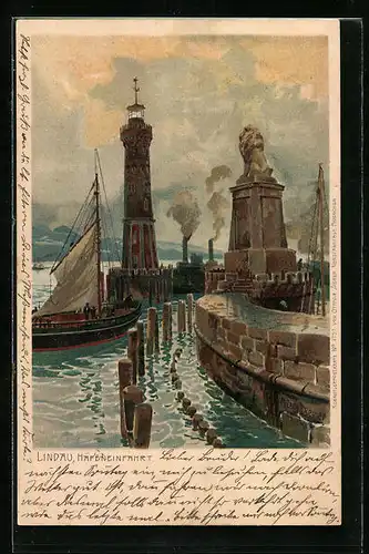 Künstler-AK Zeno Diemer: Lindau, Hafeneinfahrt mit Segelboot