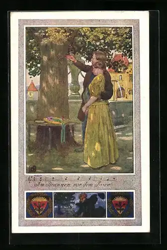 Künstler-AK Karl Friedrich Gsur: Deutscher Schulverein Nr. 375: Am Brunnen vor dem Tore - Paar an einem Baum