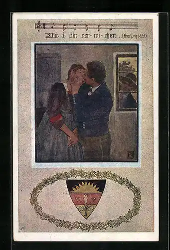 Künstler-AK Karl Friedrich Gsur: Deutscher Schulverein Nr. 1070: Wie i bin verwichen... - Liebespaar beim Kuss
