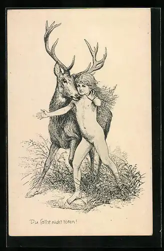 Künstler-AK Fidus: Du sollst nicht töten - Hirsch und nacktes Mädchen