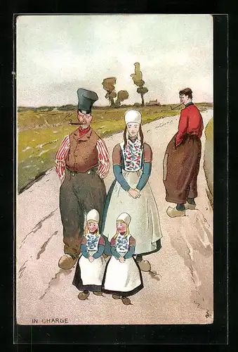 Künstler-AK sign. E. G. Fuller: Bauernfamilie in Tracht und Holzschuhen beim Gang auf einer Strasse