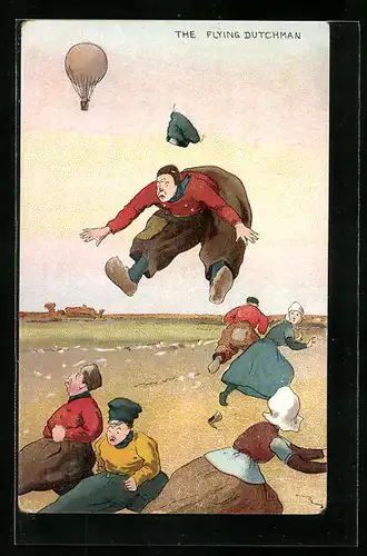 Künstler-AK sign. E. G. Fuller: The Flying Dutchman - Bauern versuchen, aus Ballon stürzendem Mann auszuweichen