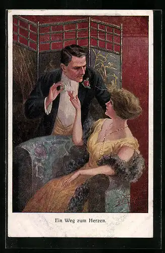 Künstler-AK Bill Fisher: Ein Weg zum Herzen - Kavalier gibt Dame einen Ring