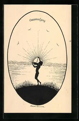 Künstler-AK Elsbeth Forck: Sonnenaufgang - Musizierende Elfe, Schattenbild