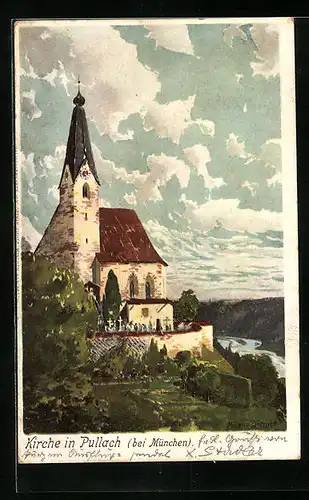 Künstler-AK Zeno Diemer: Pullach bei München, Kirche und Fluss unter Wolkenhimmel