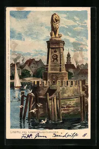 Künstler-AK Zeno Diemer: Lindau, Das Landeshoheitszeichen vor Stadtkulisse