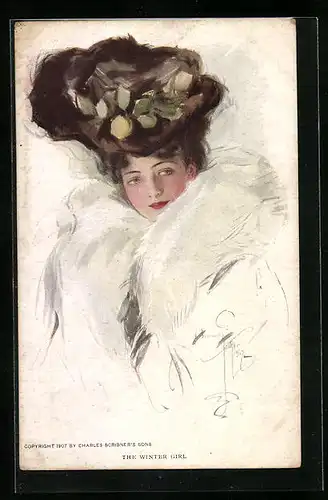Künstler-AK Harrison Fisher: The Winter Girl - Dame mit grossem Hut