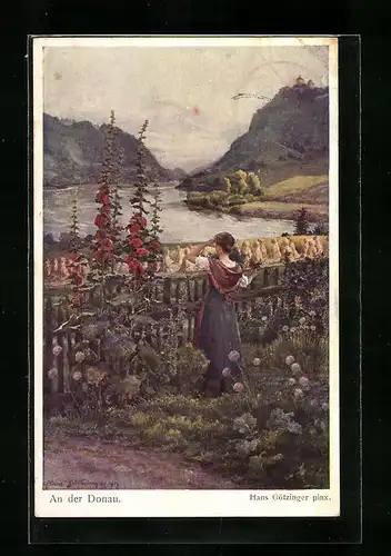 Künstler-AK Hans Götzinger: Mädchen in einem Garten An der Donau