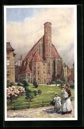 Künstler-AK Hans Götzinger: Wien, Frau mit Kindern vor der Minoritenkirche