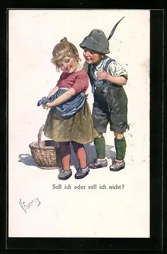 Künstler-AK Karl Feiertag: Soll ich oder soll ich nicht? - Schäkerndes kleines Paar