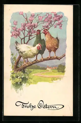 Künstler-AK Karl Feiertag: Drei Hühner auf einem blühenden Baum, Ostergruss