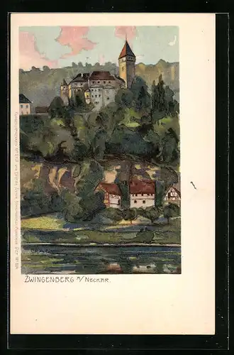 Künstler-AK Gottfried Graf: Zwingenberg am Neckar, Ortsansicht mit Burg