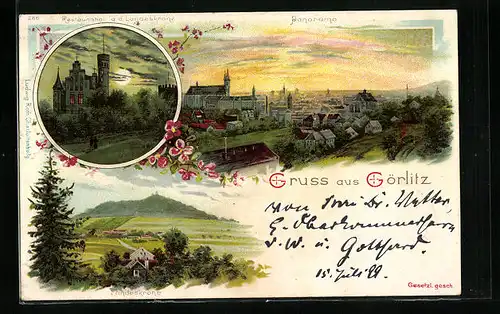Lithographie Görlitz, Restaurant a. d. Landeskrone bei Mondschein, Panorama