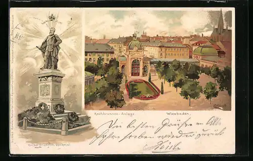 Lithographie Wiesbaden, Kochbrunnen-Anlage, Kaiser Friedrich Denkmal