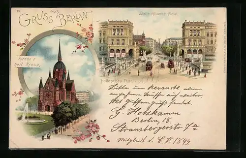Lithographie Berlin, Hallesches Tor und Belle-Alliance Platz mit Strassenbahn