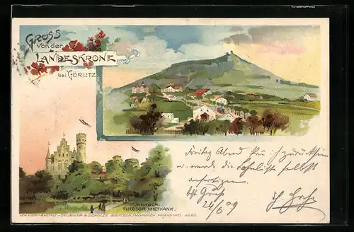 Lithographie Görlitz, Burghotel Landeskrone, Panorama