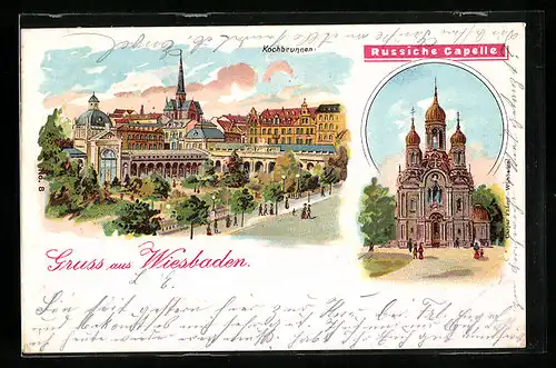 Lithographie Wiesbaden, Russische Kapelle, Kochbrunnen