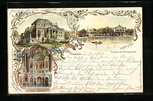 Lithographie Wiesbaden, Kurhaus mit Musikpavillon