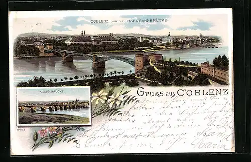 Lithographie Coblenz, Ortsansicht mit Eisenbahnbrücke