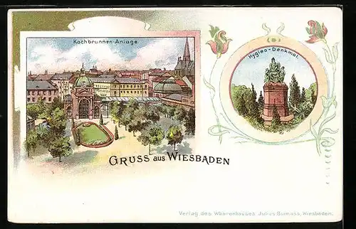 Lithographie Wiesbaden, Kochbrunnen-Anlage und Hygiea-Denkmal