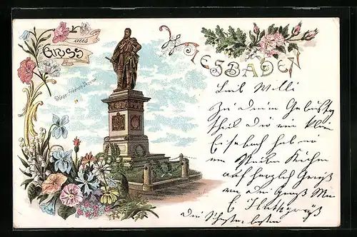 Lithographie Wiesbaden, Kaiser-Friedrich-Denkmal mit Blumen-Dekor