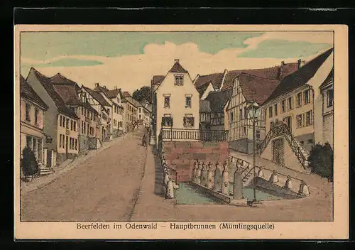 Künstler-AK Beerfelden i. Odenwald, Hauptbrunnen, Mümlingsquelle