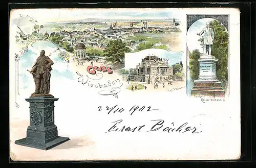 Lithographie Wiesbaden, Totalansicht mit Denkmal Kaiser Wilhelm I.