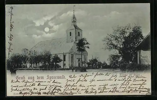 Mondschein-AK Burg i. Spreewald, Blick zur Kirche