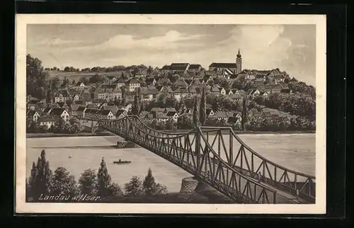 Künstler-AK Landau a. I., Totalansicht von der Isarbrücke gesehen