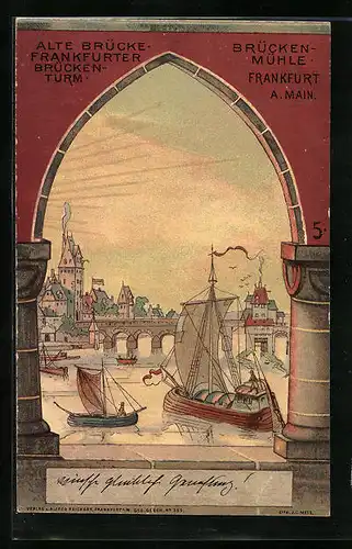 Künstler-AK Frankfurt a. M., Alte Brücke mit Frankfurter Brückenturm