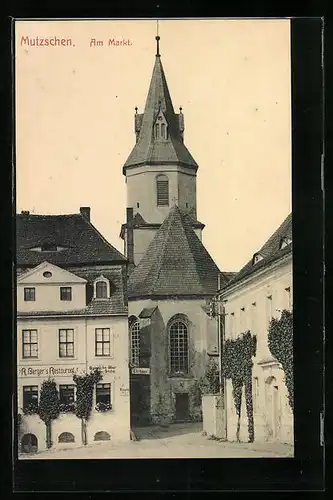AK Mutzschen, Strassenpartie am Markt mit R. Bergers Restaurant