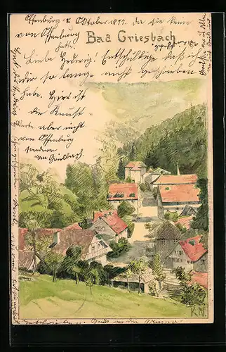 Künstler-AK Bad Griesbach, Ortsansicht von einer Anhöhe aus