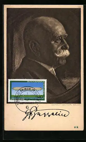 Künstler-AK Portrait von Graf Ferdinand von Zeppelin im Profil, Sonderstempel