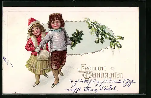 Präge-AK Paar auf Schlittschuhen mit Weihnachtsgruss