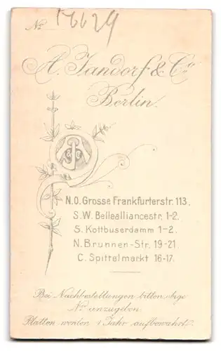 Fotografie A. Jandorf & Co., Berlin, Grosse Frankfurterstrasse 113, Dame im Samtkleid mit starrem Blick