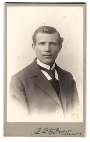 Fotografie Th. Andersen, Stuttgart, Attraktiver, junger Mann im hochwertigen Anzug mit breiter Krawatte