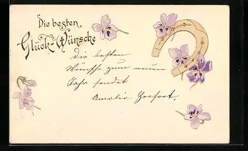 Präge-AK Glückwünsche mit Hufeisen und Veilchen