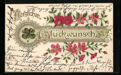 Präge-AK Glückwünsche, Blumen und Kleeblatt
