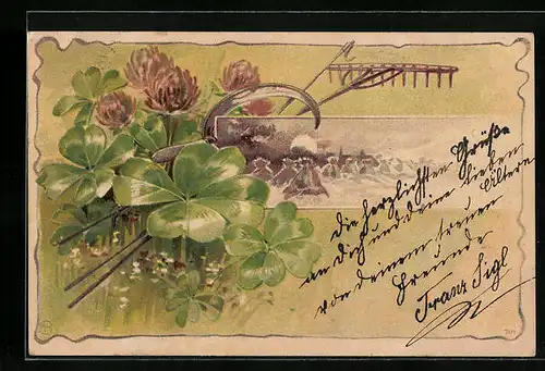 Lithographie Kleeblatt mit Blüte