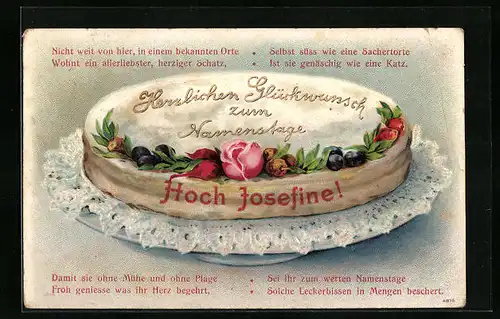 Präge-AK Glückwünsche zum Namenstag, Hoch Josefine, Kuchen