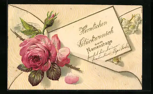Präge-AK Glückwünsche zum Namenstag, Brief mit Rose