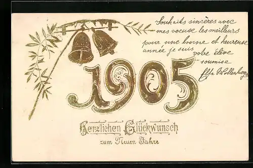 Präge-AK Glückwünsche zum Neujahr 1905 mit läutenden Glocken